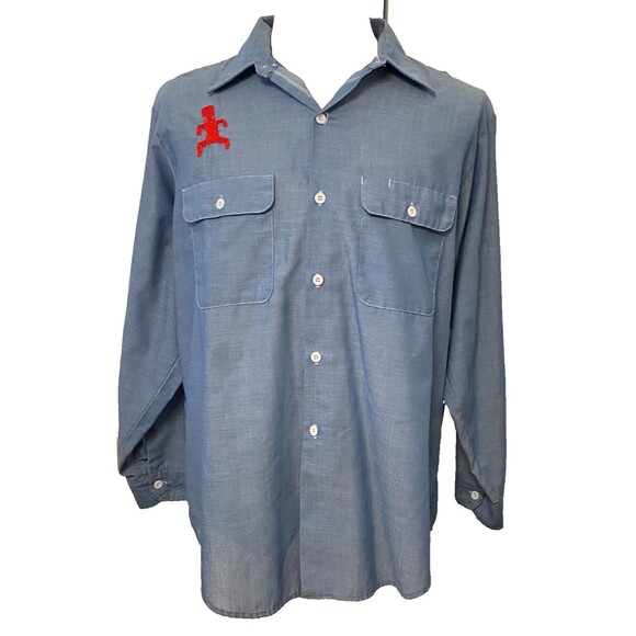 Vtg BIG MAC Shirt Mens L Blue Chambray Embroidered Native Petroglyphs USA Made - Picture 2 of 9